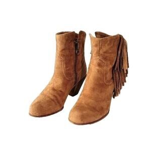 Sam Edelman Ankle Boots Suede Women's Sz 7.5 Fringe Side Zip Cognac Brown